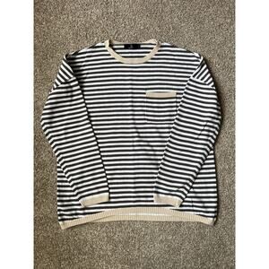 Lillusory Striped Knit‎ Sweater L Brown White Crewneck Pocket Slouchy Coastal